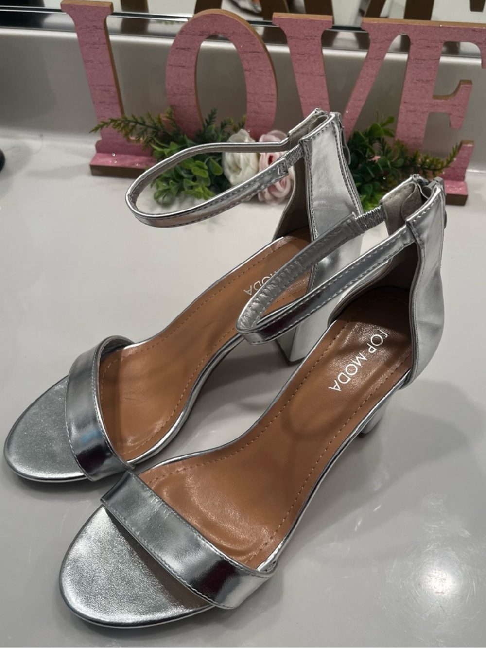 TOP Moda Silver Metallic Ankle-Strap Block Heel Sandals